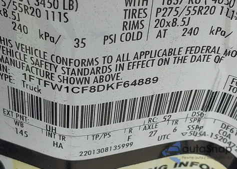 2013 Ford F-150 Lariat z USA, uszkodzony, nr VIN 1FTFW1CF8DKF64889